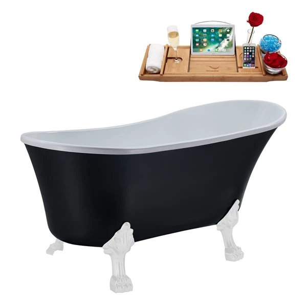 Streamline 28W X 59L Matte Black Acrylic Clawfoot Bathtub With Glossy White Feet And Reversible Drain With Tray - Image 2