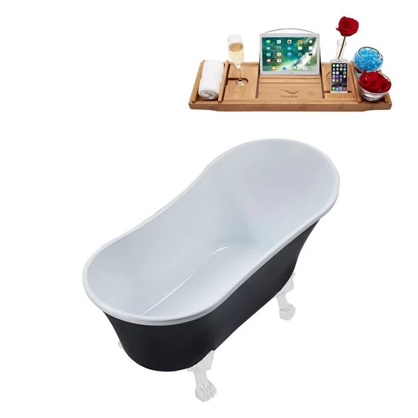 Streamline 28W X 59L Matte Black Acrylic Clawfoot Bathtub With Glossy White Feet And Reversible Drain With Tray - Image 4