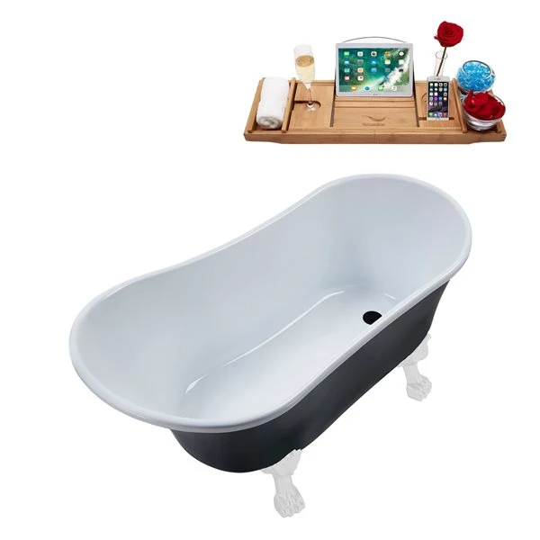 Streamline 28W X 59L Matte Black Acrylic Clawfoot Bathtub With Glossy White Feet And Reversible Drain With Tray - Image 3