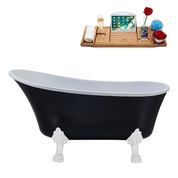 Streamline 28W X 59L Matte Black Acrylic Clawfoot Bathtub With Glossy White Feet And Reversible Drain With Tray