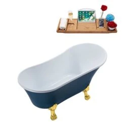 Streamline 28W X 59L Matte Light Blue Acrylic Clawfoot Bathtub With Polished Gold Feet And Reversible Drain With Tray