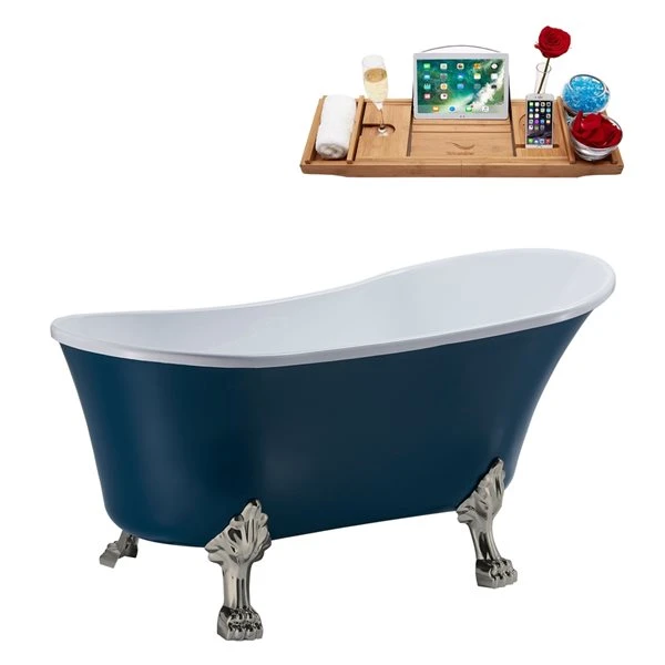 Streamline 28W X 59L Matte Light Blue Acrylic Clawfoot Bathtub With Brushed Nickel Feet And Reversible Drain With Tray - Image 4