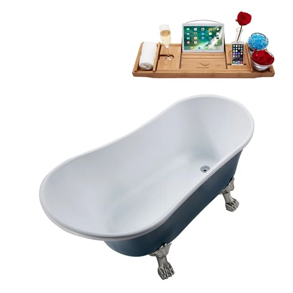 Streamline 28W X 59L Matte Light Blue Acrylic Clawfoot Bathtub With Brushed Nickel Feet And Reversible Drain With Tray - Image 2