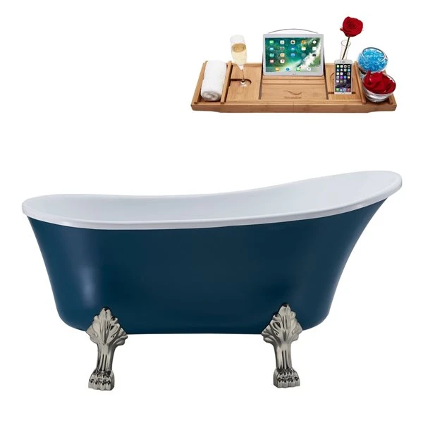 Streamline 28W X 59L Matte Light Blue Acrylic Clawfoot Bathtub With Brushed Nickel Feet And Reversible Drain With Tray - Image 5