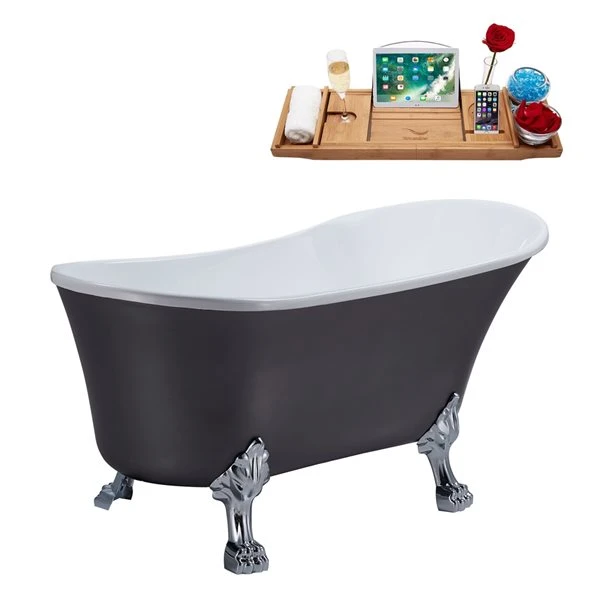 Streamline 28W X 59L Matte Grey Acrylic Clawfoot Bathtub With Polished Chrome Feet And Reversible Drain With Tray