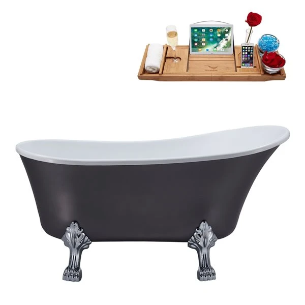 Streamline 28W X 59L Matte Grey Acrylic Clawfoot Bathtub With Polished Chrome Feet And Reversible Drain With Tray - Image 4