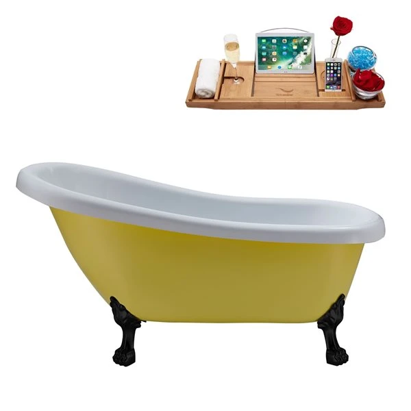 Streamline 28W X 61L Matte Yellow Acrylic Clawfoot Bathtub With Matte Black Feet And Reversible Drain With Tray