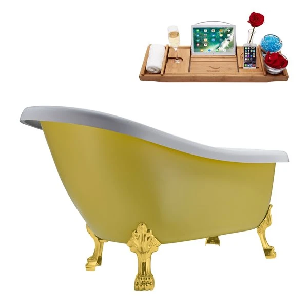 Streamline 28W X 61L Matte Yellow Acrylic Clawfoot Bathtub With Polished Gold Feet And Reversible Drain With Tray - Image 4