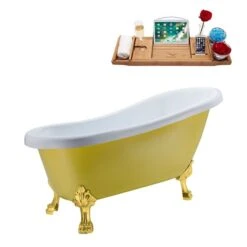 Streamline 28W X 61L Matte Yellow Acrylic Clawfoot Bathtub With Polished Gold Feet And Reversible Drain With Tray