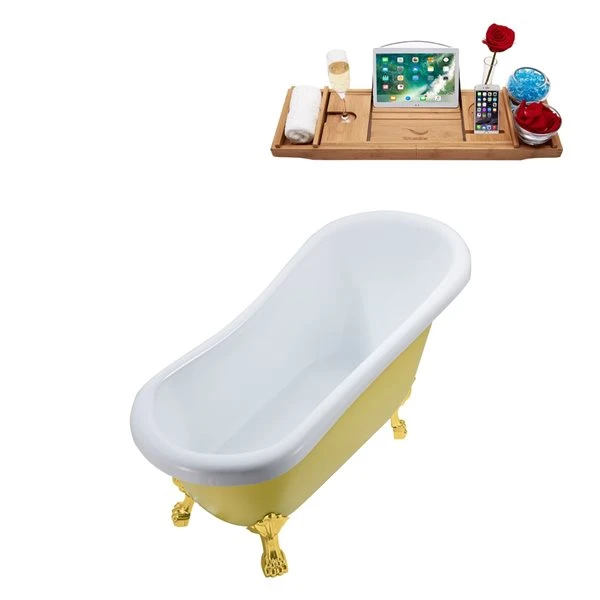 Streamline 28W X 61L Matte Yellow Acrylic Clawfoot Bathtub With Polished Gold Feet And Reversible Drain With Tray - Image 2