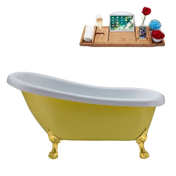 Streamline 28W X 61L Matte Yellow Acrylic Clawfoot Bathtub With Polished Gold Feet And Reversible Drain With Tray - Image 5
