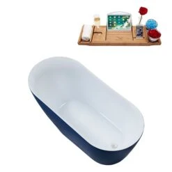 Streamline 29W X 59L Matte Dark Blue Acrylic Bathtub And A Glossy White Reversible Drain With Tray