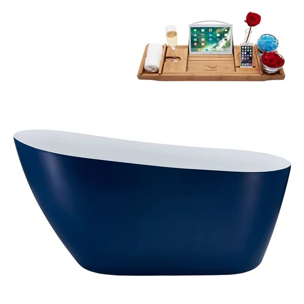Streamline 29W X 59L Matte Dark Blue Acrylic Bathtub And A Glossy White Reversible Drain With Tray - Image 5