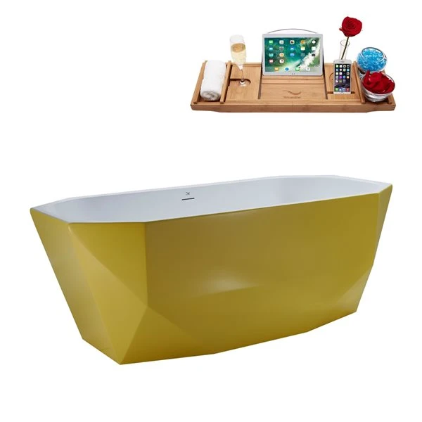 Streamline 29W X 63L Matte Yellow Acrylic Bathtub And A Polished Gold Center Drain With Tray - Image 2