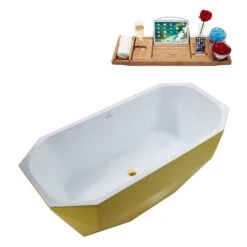 Streamline 29W X 63L Matte Yellow Acrylic Bathtub And A Polished Gold Center Drain With Tray