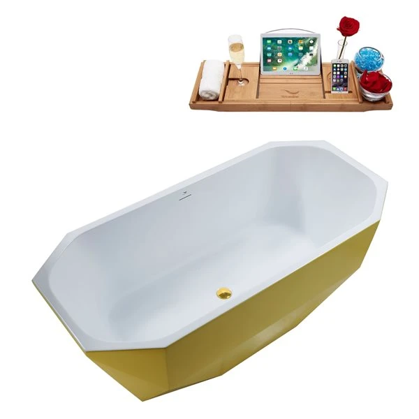 Streamline 29W X 63L Matte Yellow Acrylic Bathtub And A Polished Gold Center Drain With Tray