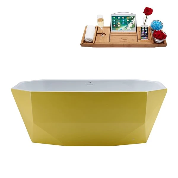 Streamline 29W X 63L Matte Yellow Acrylic Bathtub And A Polished Gold Center Drain With Tray - Image 3