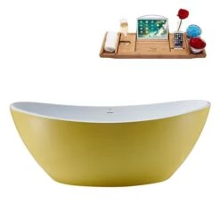 Streamline 35W X 75L Matte Yellow Acrylic Bathtub And A Glossy White Center Drain With Tray