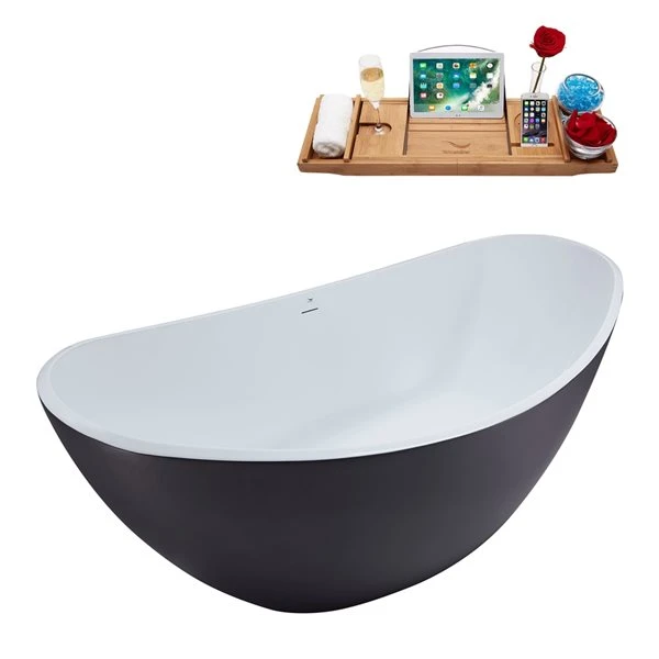 Streamline 35W X 75L Matte Grey Acrylic Bathtub And A Glossy White Center Drain With Tray - Image 3