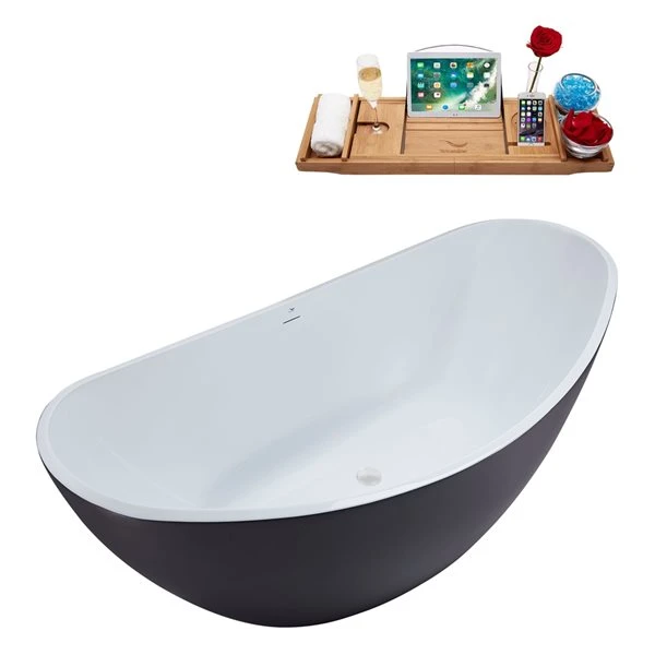 Streamline 35W X 75L Matte Grey Acrylic Bathtub And A Glossy White Center Drain With Tray - Image 2
