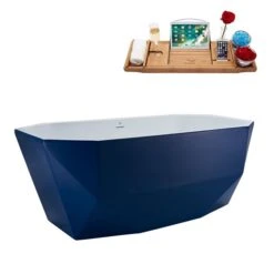 Streamline 29W X 63L Matte Dark Blue Acrylic Bathtub And A Brushed Nickel Center Drain With Tray
