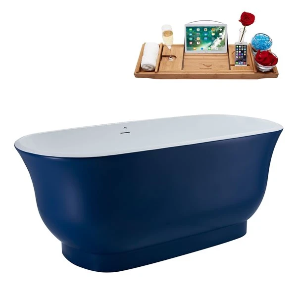 Streamline 28W X 59L Matte Dark Blue Acrylic Bathtub And A Glossy White Center Drain With Tray - Image 3