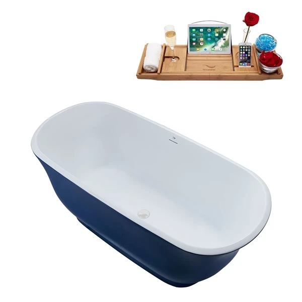 Streamline 28W X 59L Matte Dark Blue Acrylic Bathtub And A Glossy White Center Drain With Tray