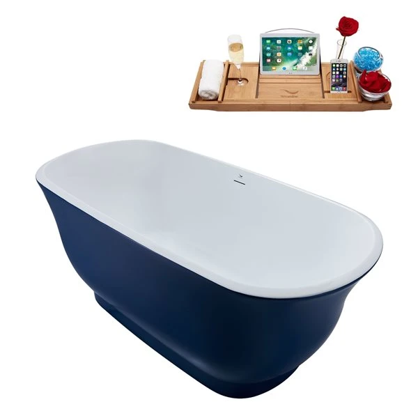 Streamline 28W X 59L Matte Dark Blue Acrylic Bathtub And A Glossy White Center Drain With Tray - Image 2