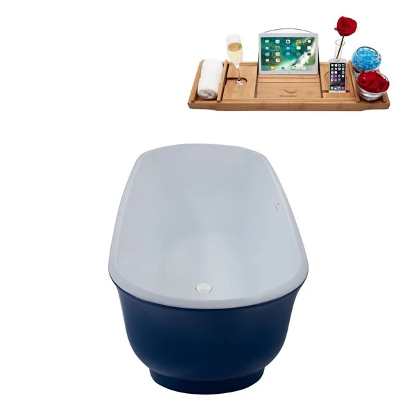 Streamline 28W X 59L Matte Dark Blue Acrylic Bathtub And A Glossy White Center Drain With Tray - Image 5