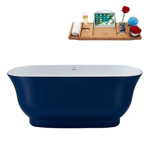 Streamline 28W X 59L Matte Dark Blue Acrylic Bathtub And A Glossy White Center Drain With Tray - Image 4