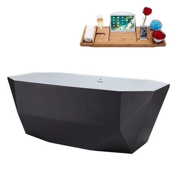 Streamline 29W X 63L Matte Grey Acrylic Bathtub And A Polished Gold Center Drain With Tray