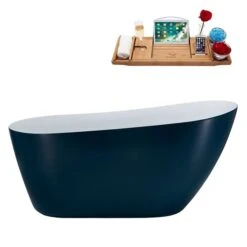Streamline 29W X 59L Matte Light Blue Acrylic Bathtub And A Glossy White Reversible Drain With Tray
