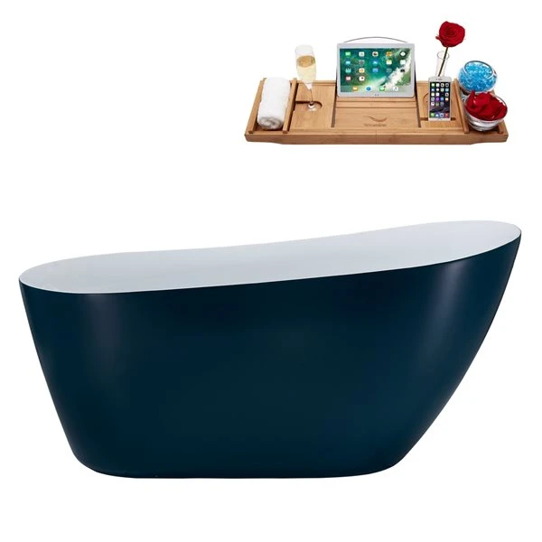 Streamline 29W X 59L Matte Light Blue Acrylic Bathtub And A Glossy White Reversible Drain With Tray