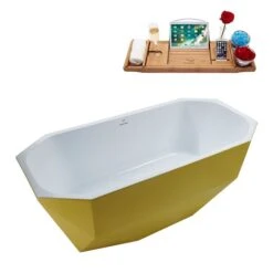 Streamline 29W X 63L Matte Yellow Acrylic Bathtub And A Matte Oil Rubbed Bronze Center Drain With Tray