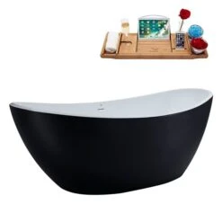 Streamline 35W X 75L Matte Black Acrylic Bathtub And A Brushed Nickel Center Drain With Tray