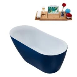 Streamline 29W X 59L Matte Dark Blue Acrylic Bathtub And A Brushed Nickel Reversible Drain With Tray