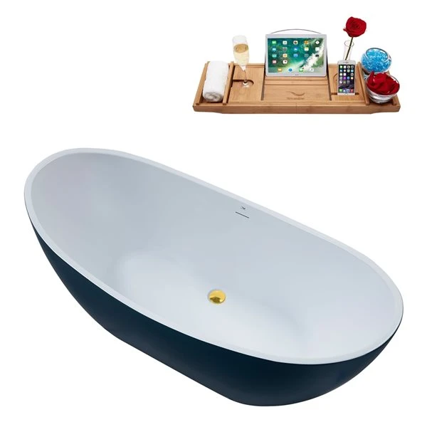 Streamline 28W X 62L Matte Light Blue Acrylic Bathtub And A Polished Gold Center Drain With Tray - Image 5