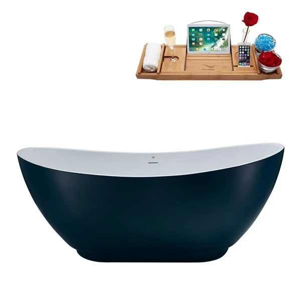 Streamline 28W X 62L Matte Light Blue Acrylic Bathtub And A Polished Gold Center Drain With Tray