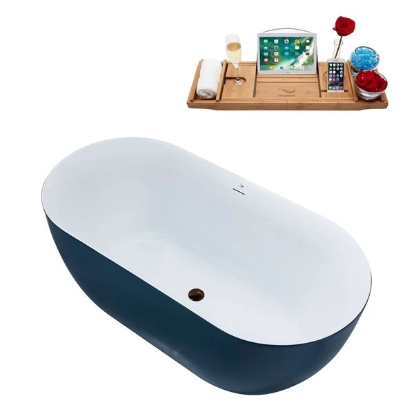 Streamline 28W X 59L Matte Light Blue Acrylic Bathtub And A Matte Oil Rubbed Bronze Center Drain With Tray