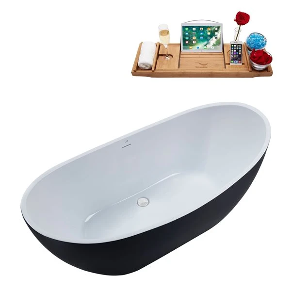 Streamline 28W X 62L Matte Black Acrylic Bathtub And A Glossy White Center Drain With Tray - Image 2