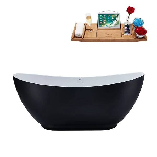 Streamline 28W X 62L Matte Black Acrylic Bathtub And A Glossy White Center Drain With Tray - Image 5