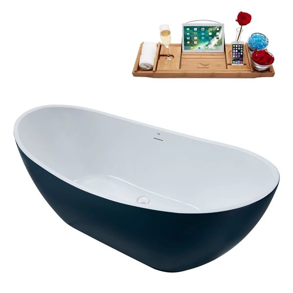 Streamline 28W X 62L Matte Light Blue Acrylic Bathtub And A Glossy White Center Drain With Tray - Image 4