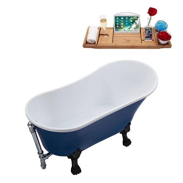 Streamline 27W X 55L Matte Dark Blue Acrylic Clawfoot Bathtub With Matte Black Feet And Reversible Drain With Tray - Image 2