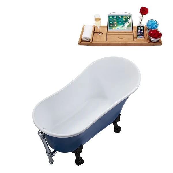 Streamline 27W X 55L Matte Dark Blue Acrylic Clawfoot Bathtub With Matte Black Feet And Reversible Drain With Tray