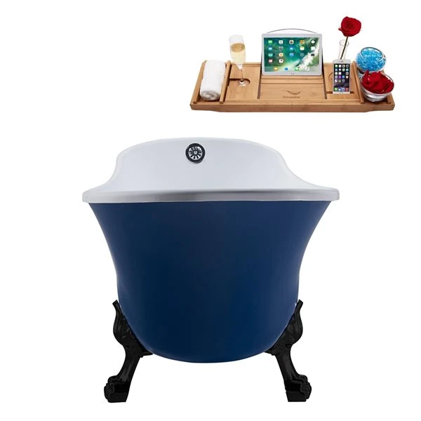 Streamline 27W X 55L Matte Dark Blue Acrylic Clawfoot Bathtub With Matte Black Feet And Reversible Drain With Tray - Image 5