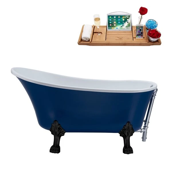 Streamline 27W X 55L Matte Dark Blue Acrylic Clawfoot Bathtub With Matte Black Feet And Reversible Drain With Tray - Image 3