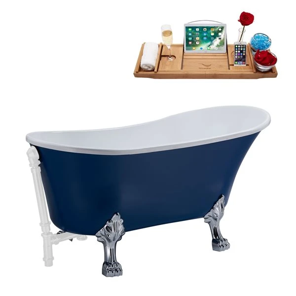 Streamline 27W X 55L Matte Dark Blue Acrylic Clawfoot Bathtub With Polished Chrome Feet And Reversible Drain With Tray - Image 5