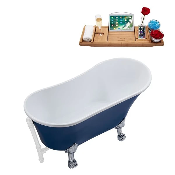Streamline 27W X 55L Matte Dark Blue Acrylic Clawfoot Bathtub With Polished Chrome Feet And Reversible Drain With Tray - Image 2