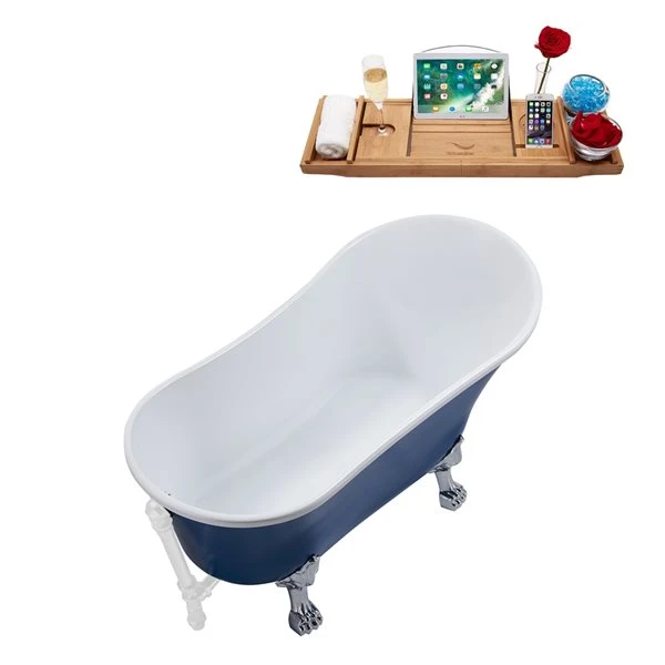 Streamline 27W X 55L Matte Dark Blue Acrylic Clawfoot Bathtub With Polished Chrome Feet And Reversible Drain With Tray - Image 4