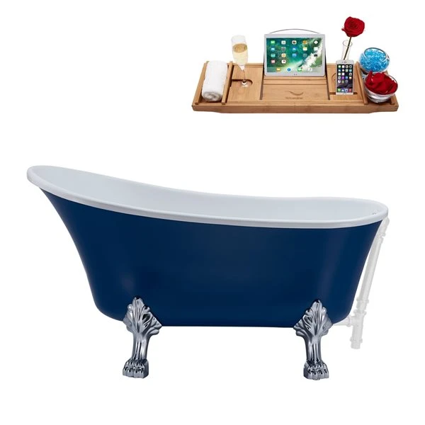 Streamline 27W X 55L Matte Dark Blue Acrylic Clawfoot Bathtub With Polished Chrome Feet And Reversible Drain With Tray